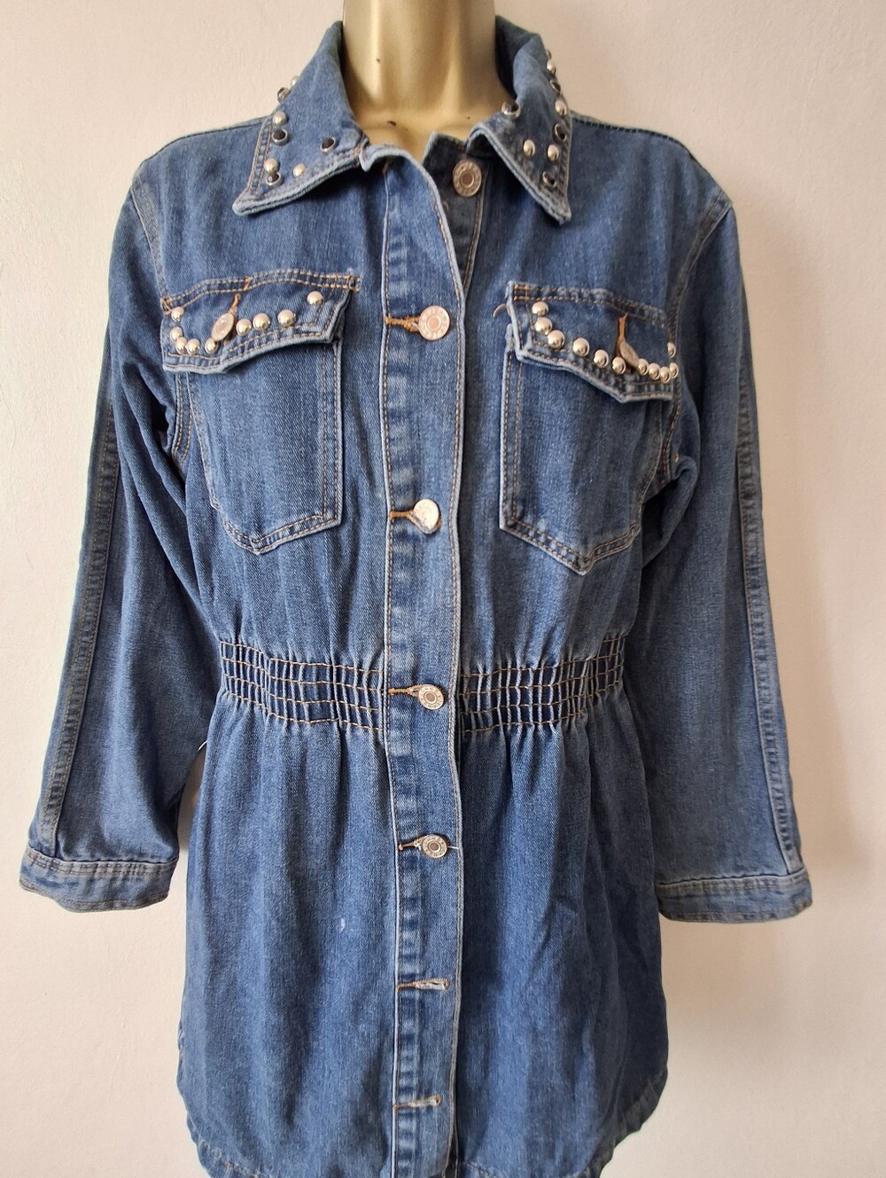 Denim Button-Front Jacket with Stud Detail - Blue